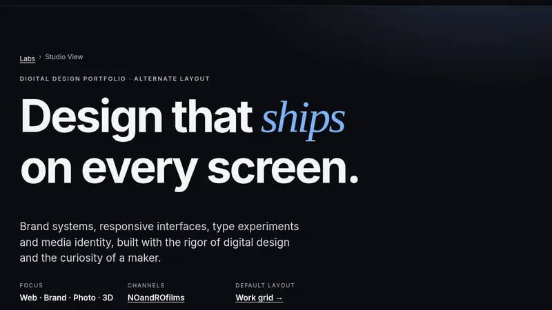 The Studio View layout with a large headline and a row of portfolio work