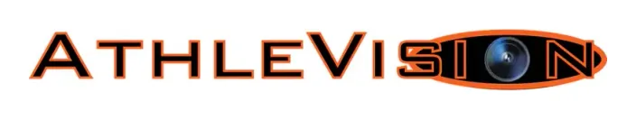 AthleVision wordmark in bold orange serif letters with the O drawn as an eye or lens