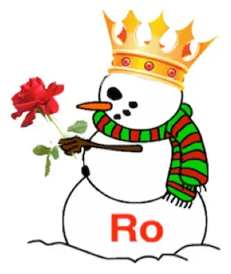 Cartoon snowman mascot with a gold crown, green and red striped scarf and a red rose, with Ro written on its red base