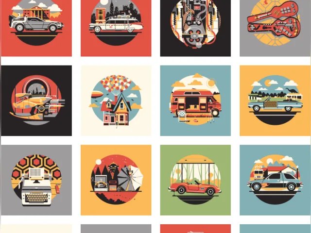 Grid of twelve flat vector icons, each a circular scene on a coloured square: a time-travel sports car, a ghost-hunting ambulance, a crossed pair of guitars, a floating balloon house, a motorhome, a typewriter, a red convertible and other vehicles and objects