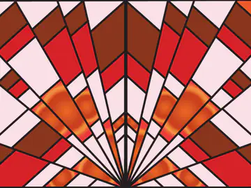 Symmetrical geometric Art Deco illustration in red, orange, brown and cream fanning out from the bottom centre