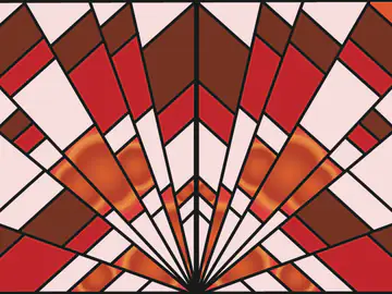 Symmetrical stained-glass style pattern in deep red, orange, white and dark grey lines