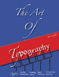 Cover design titled The Art of Typography in red and blue with stylized letterforms and a list of typefaces