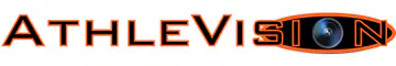 AthleVision wordmark in bold orange serif letters with the O drawn as an eye or lens