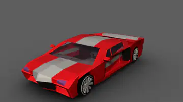 3D render of a red sports car with grey racing stripes seen from the front left