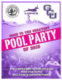Bold pink and purple event flyer for a pool party