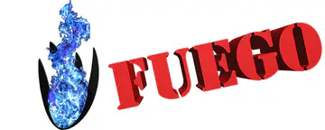 Fuego logo in heavy red block letters with a blue flame icon
