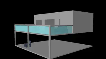 3D model of a modern two-storey building with a balcony and blue-tinted glass railings