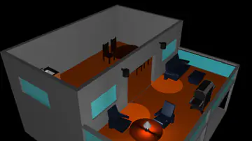 Cutaway 3D render of a furnished interior with armchairs, small tables, desks and light-blue glass
