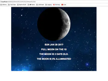 Moon-phase web page showing a crescent moon against a starry sky with the date and illumination