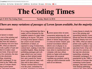Newspaper-style website layout titled The Coding Times with multi-column text and a red banner