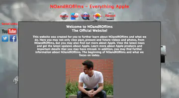 Grey themed home page with glossy image navigation buttons, a social links sidebar and a welcome panel with a portrait