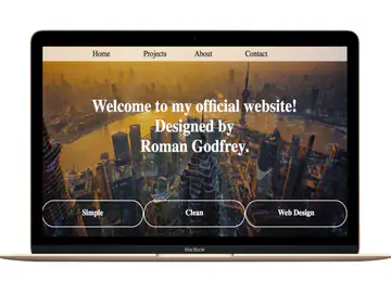 Gold MacBook showing a home page with Home, Projects, About and Contact links, over an aerial city dusk photo