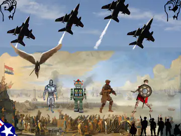 Digital composite of a desert landscape with fighter jets, a pterodactyl, a crowd and several fictional characters
