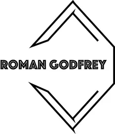 Black geometric diamond-shaped logo framing the name Roman Godfrey