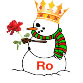 Cartoon snowman mascot with a gold crown, green and red striped scarf and a red rose, with Ro written on its red base