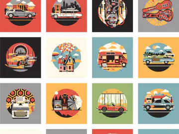 Grid of twelve flat vector icons, each a circular scene on a coloured square: a time-travel sports car, a ghost-hunting ambulance, a crossed pair of guitars, a floating balloon house, a motorhome, a typewriter, a red convertible and other vehicles and objects